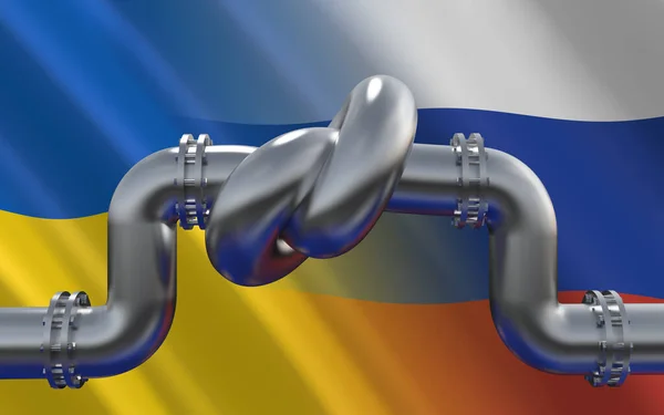 Fuel Gas Pipeline Knot Background Ukrainian Russian Flags Industrial Economic — стокове фото