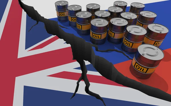 以俄罗斯和英国国旗为背景的石油桶 由于入侵乌克兰 对俄罗斯石油和天然气实行了世界金融制裁 石油禁运 3D渲染 — 图库照片