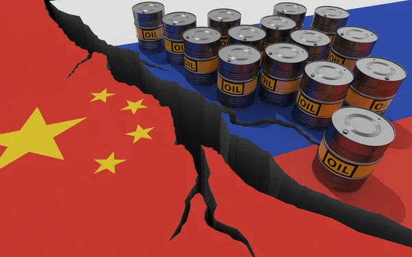 Oljefat Bakgrunden Flaggorna Ryssland Och Kina Världsekonomiska Sanktioner Mot Rysk — Stockfoto
