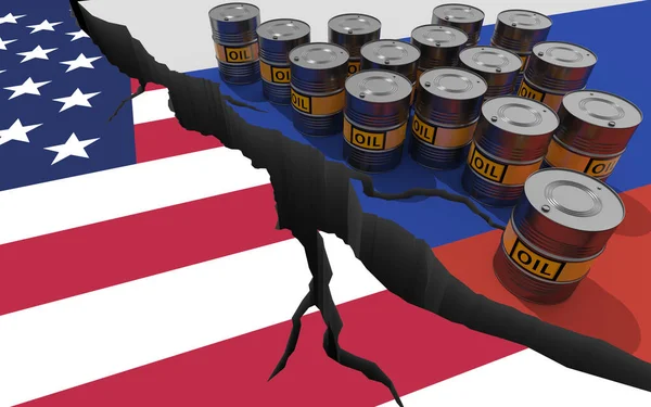 Oljefat Bakgrunden Flaggorna Ryssland Och Usa Världsekonomiska Sanktioner Mot Rysk — Stockfoto