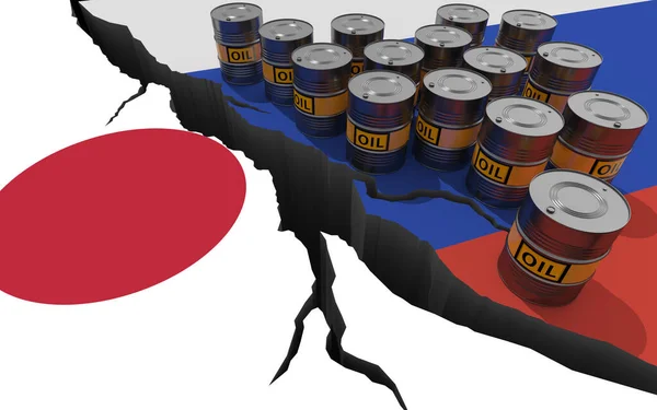 Oljefat Bakgrunden Flaggorna Ryssland Och Japan Världsekonomiska Sanktioner Mot Rysk — Stockfoto