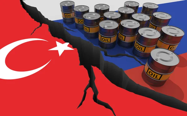 Oil Barrels Background Flags Russia Turkey World Financial Sanctions Russian — стокове фото