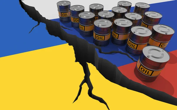 Oljefat Bakgrunden Flaggorna Ryssland Och Ukraina Världsekonomiska Sanktioner Mot Rysk — Stockfoto