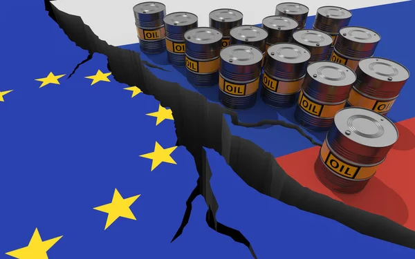 Нафтові Бочки Тлі Прапорів Росії Європейського Союзу Світові Фінансові Санкції — стокове фото