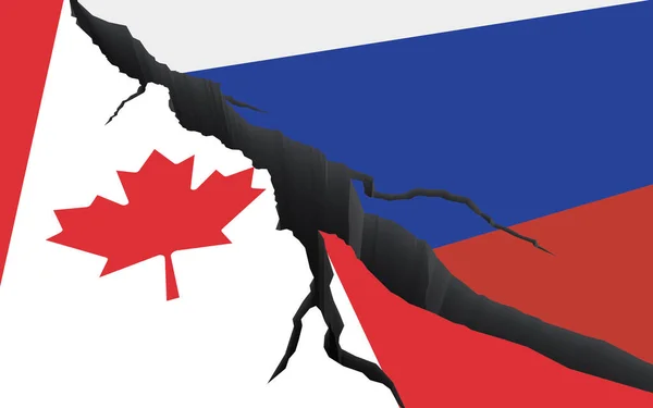 Flagi Federacji Rosyjskiej Kanady Tle Pęknięć Kryzys Stosunkach Między Krajami — Zdjęcie stockowe