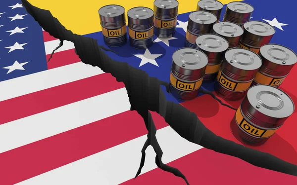 Нафтові Бочки Тлі Прапорів Венесуели Сша Світові Фінансові Санкції Венесуельську — стокове фото