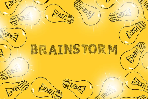 Blinking Light Bulbs Hand Drawn Yellow Background Lettering Brainstorm — Stockfoto