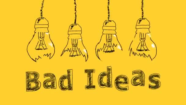Zestaw Połamanych Żarówek Narysowanych Żółtym Tle Napisem Bad Ideas Brak — Wideo stockowe