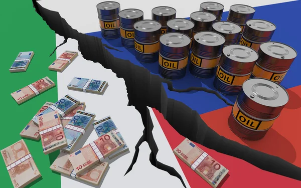 Oljefat Och Pengar Bakgrund Flaggorna Ryssland Och Italien Världsekonomiska Sanktioner — Stockfoto