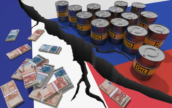 Oljefat Och Pengar Bakgrund Flaggorna Ryssland Och Frankrike Världsekonomiska Sanktioner — Stockfoto