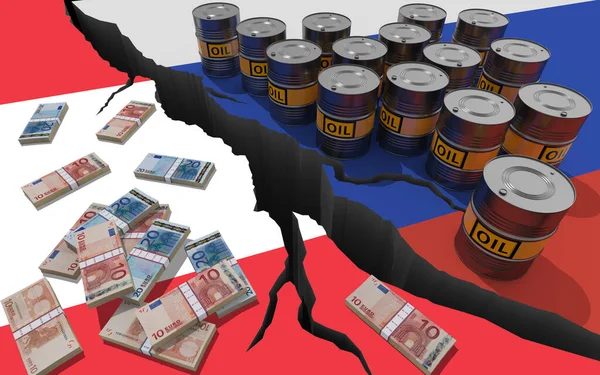 Oljefat Och Pengar Bakgrund Flaggorna Ryssland Och Österrike Världsekonomiska Sanktioner — Stockfoto