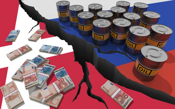 Oljefat Och Pengar Bakgrund Flaggorna Ryssland Och Danmark Världsekonomiska Sanktioner — Stockfoto