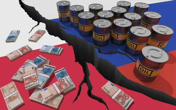 Oljefat Och Pengar Bakgrund Flaggorna Ryssland Och Polen Världsekonomiska Sanktioner — Stockfoto