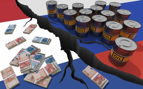 Oljefat Och Pengar Bakgrund Flaggorna Ryssland Och Nederländerna Världsekonomiska Sanktioner — Stockfoto