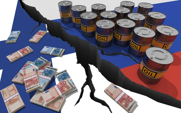 Oljefat Och Pengar Bakgrunden Rysslands Och Finlands Flagg Världsekonomiska Sanktioner — Stockfoto