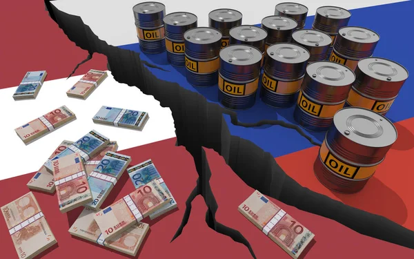 Oljefat Och Pengar Bakgrund Flaggorna Ryssland Och Lettland Världsekonomiska Sanktioner — Stockfoto