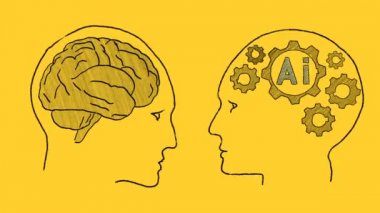 İnsan zekası yapay zekaya karşı. Yüz yüze. Görüşler düellosu. Canlandırılmış resimleme.