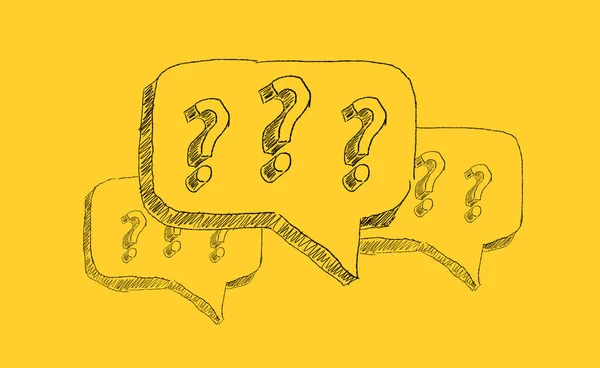 Hand drawn question marks in speech bubbles on yellow background. Ask for help. FAQ concept. Asking questions.