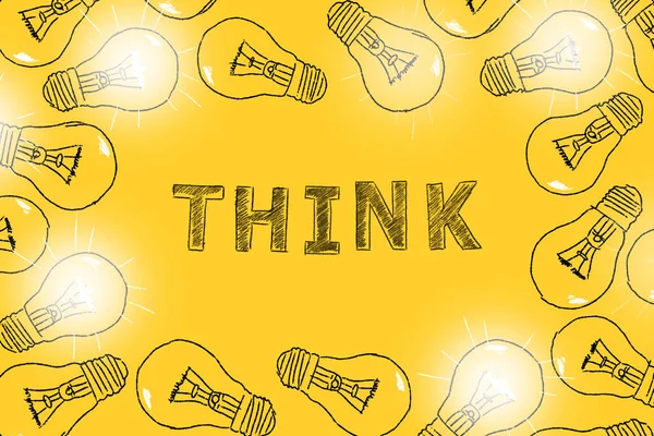 Think Light Bulbs Hand Drawn Yellow Background Concept Brainstorming Idea — Stock Photo, Image