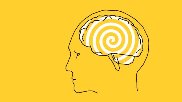 Sarı Arka Planda Kafasında Hipnotik Spiral Olan Insan Kafası Hipnoz — Stok video