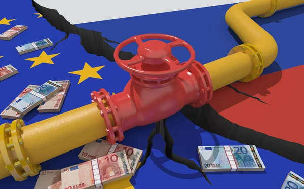 欧州連合とロシアの旗を背景にバルブ付き燃料ガスパイプライン Eu産業経済制裁 エネルギー禁輸だ 世界の燃料貿易市場からの石油輸入制限 3Dレンダリング — ストック写真