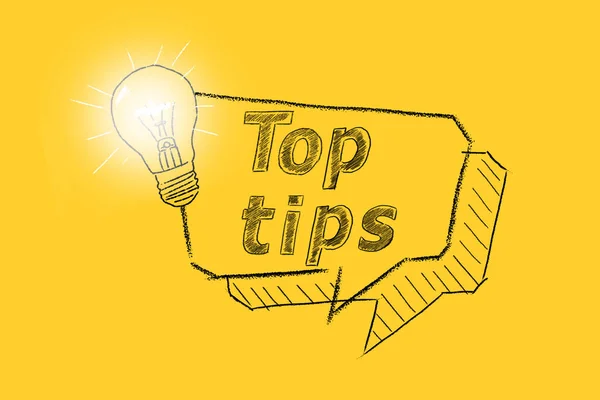 Top Tips Speech Bubble Light Bulb Yellow Background Concept Idea — Stock Photo, Image