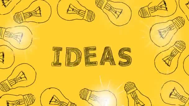 Blikající Žárovky Ručně Kreslené Žlutém Pozadí Nápisem Idea Koncept Brainstormingu — Stock video