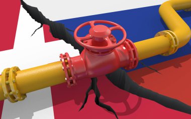 Rusya ve Danimarka 'nın bayraklarının arka planında vanası olan doğal gaz veya petrol boru hattı. Ukrayna 'nın işgali yüzünden mali yaptırımlar ve enerji ambargosu. Petrol ithalatı. 3d hazırlayıcı