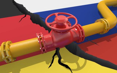 Rusya ve Almanya 'nın bayraklarının arka planında vanası olan doğal gaz veya petrol boru hattı. Ukrayna 'nın işgali yüzünden mali yaptırımlar ve enerji ambargosu. Petrol ithalatı. 3d hazırlayıcı
