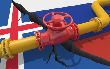Rusya ve İzlanda 'nın bayraklarının arka planında vanası olan doğal gaz veya petrol boru hattı. Ukrayna 'nın işgali yüzünden mali yaptırımlar ve enerji ambargosu. Petrol ithalatı. 3d hazırlayıcı