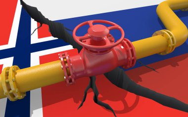 Rusya ve Norveç 'in bayraklarının arka planında vanası olan doğal gaz veya petrol boru hattı. Ukrayna 'nın işgali yüzünden mali yaptırımlar ve enerji ambargosu. Petrol ithalatı. 3d hazırlayıcı