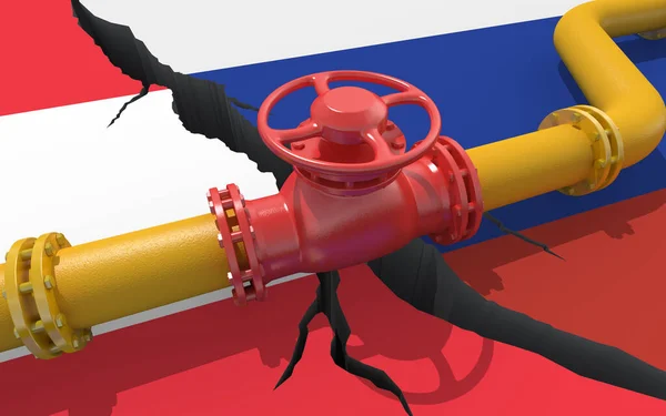 ロシアとオーストリアの国旗を背景にバルブ付きガスまたはオイルパイプライン ウクライナ侵攻のための金融制裁とエネルギー禁輸 輸入石油輸出 3Dレンダリング — ストック写真