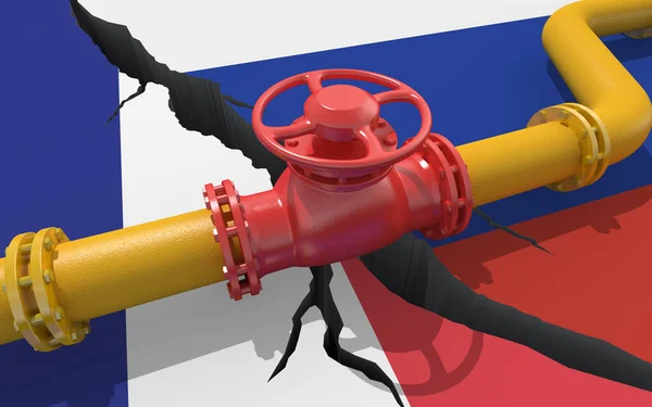 以俄罗斯和法国国旗为背景的带有阀门的天然气或石油管道 对乌克兰的入侵造成的金融制裁和能源禁运 石油进口出口 3D渲染 — 图库照片