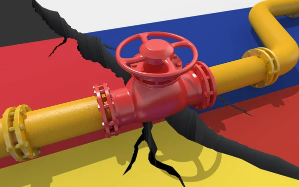 以俄罗斯和德国国旗为背景的带有阀门的天然气或石油管道 对乌克兰的入侵造成的金融制裁和能源禁运 石油进口出口 3D渲染 — 图库照片
