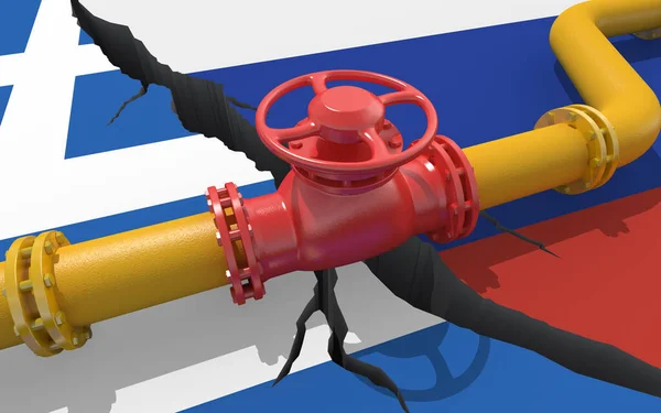 Gas or oil pipeline with valve on background of the flags of Russia and Greece. Financial sanctions and energy embargo because of the invasion of Ukraine. Oil import export. 3d render