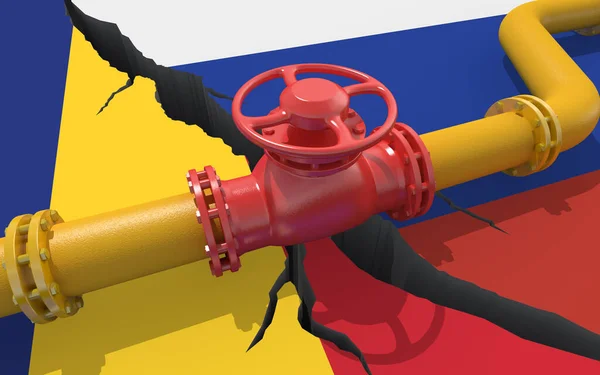 以俄罗斯和罗马尼亚国旗为背景的带有阀门的天然气或石油管道 对乌克兰的入侵造成的金融制裁和能源禁运 石油进口出口 3D渲染 — 图库照片