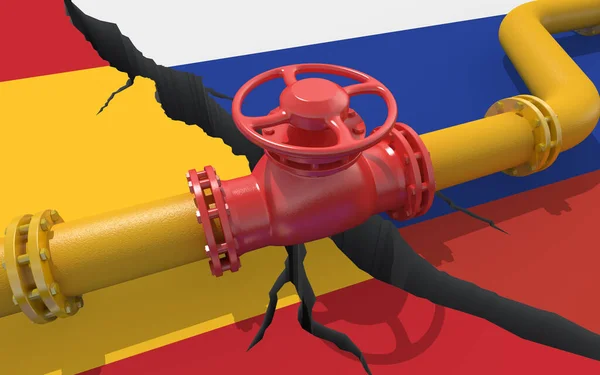 以俄罗斯和西班牙国旗为背景的带有阀门的天然气或石油管道 对乌克兰的入侵造成的金融制裁和能源禁运 石油进口出口 3D渲染 — 图库照片