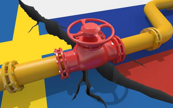 Gas or oil pipeline with valve on background of the flags of Russia and Sweden. Financial sanctions and energy embargo because of the invasion of Ukraine. Oil import export. 3d render