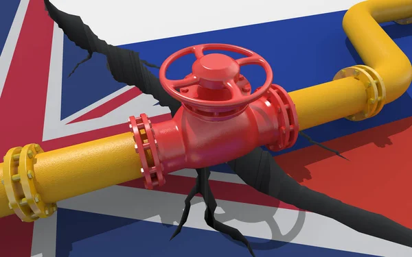 Газопровід Або Нафтопровід Клапаном Задньому Плані Прапорів Росії Великої Британії — стокове фото