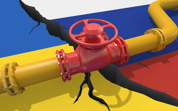 Gasdotto Oleodotto Con Valvola Sullo Sfondo Delle Bandiere Russia Ucraina — Foto Stock