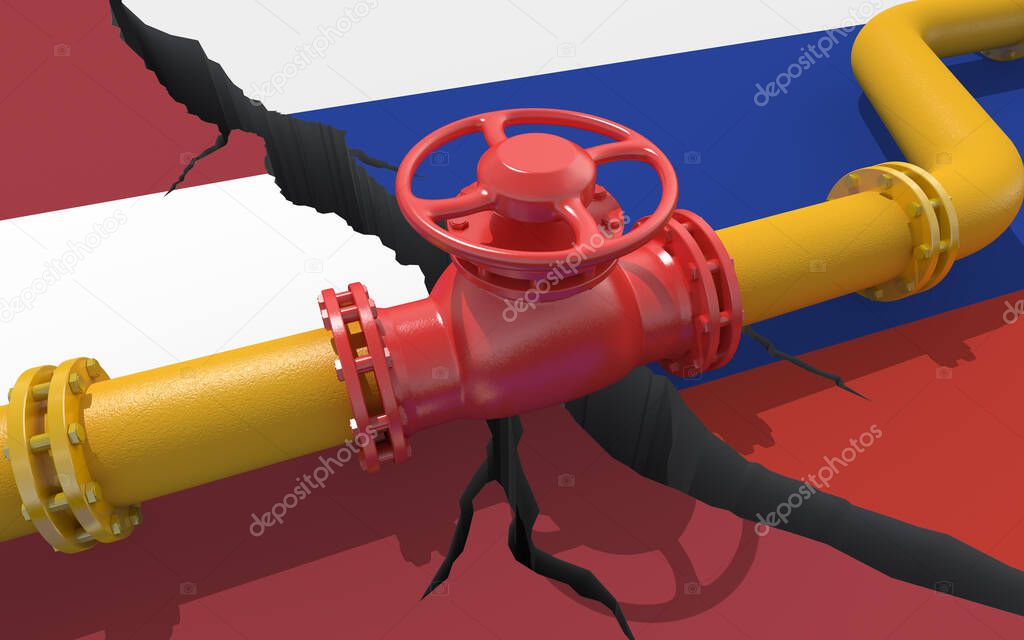 Gas or oil pipeline with valve on background of the flags of Russia and Latvia. Financial sanctions and energy embargo because of the invasion of Ukraine. Oil import export. 3d render