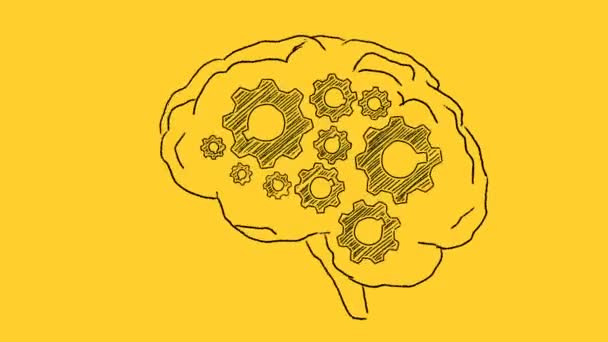 Human Brain Cogwheels Hand Drawn Yellow Background Artificial Intelligence Brainstorming — Stockvideo