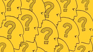 İçinde soru işaretleri olan insan yüzleri. Sarı arka planda bir resim. SSS.