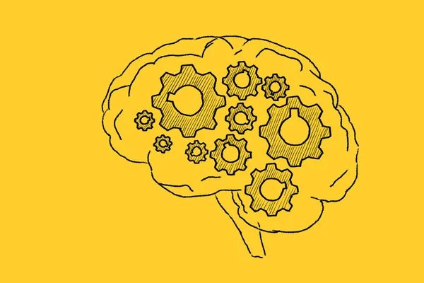 Ludzki Mózg Kołami Zębatymi Narysowany Żółtym Tle Sztuczna Inteligencja Burza — Zdjęcie stockowe