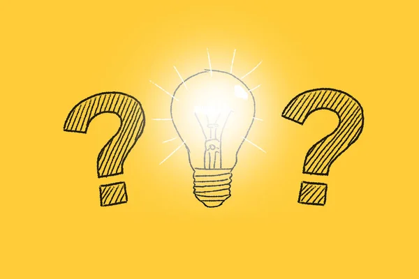 Two Question Marks One Light Bulbs Hand Drawn Illustration Yellow — Stockfoto