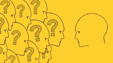 İçinde soru işaretleri olan insan kafaları ve içinde ampul olan bir kafa. Sarı çizim. Fikir üretimi, SSS