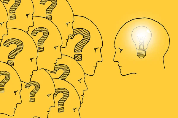 Human Heads Question Marks One Head Light Bulb Illustration Yellow — Stockfoto