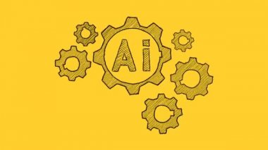 İnsan beyni şeklinde dönen dişliler. Sarı arka planda animasyon çizimi. Yapay zeka