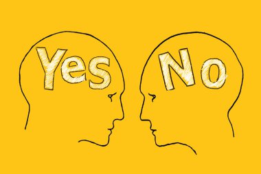 Sarı çizim. İki erkek, EVET ile karşı karşıya ve içeride HAYIR var. Farklı bakış açıları çatışması. İlişki Krizi. Tartışma konsepti.