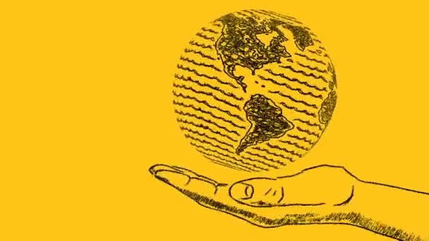 Rotating Globe Mans Hand Hand Drawn Illustration World Peace Global — Video Stock